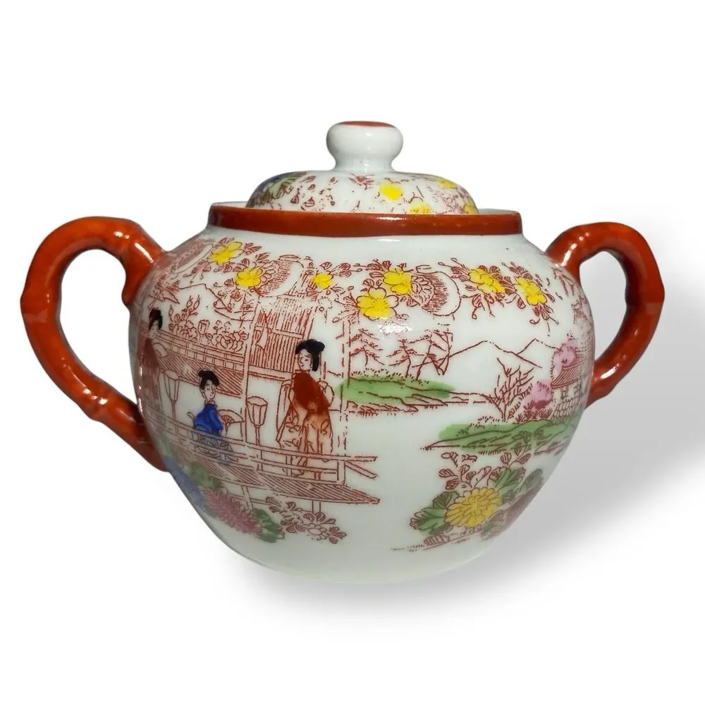 Antique Japanese Kutani Porcelain Tea Set Teapot Sugar Bowl Creamer Floral